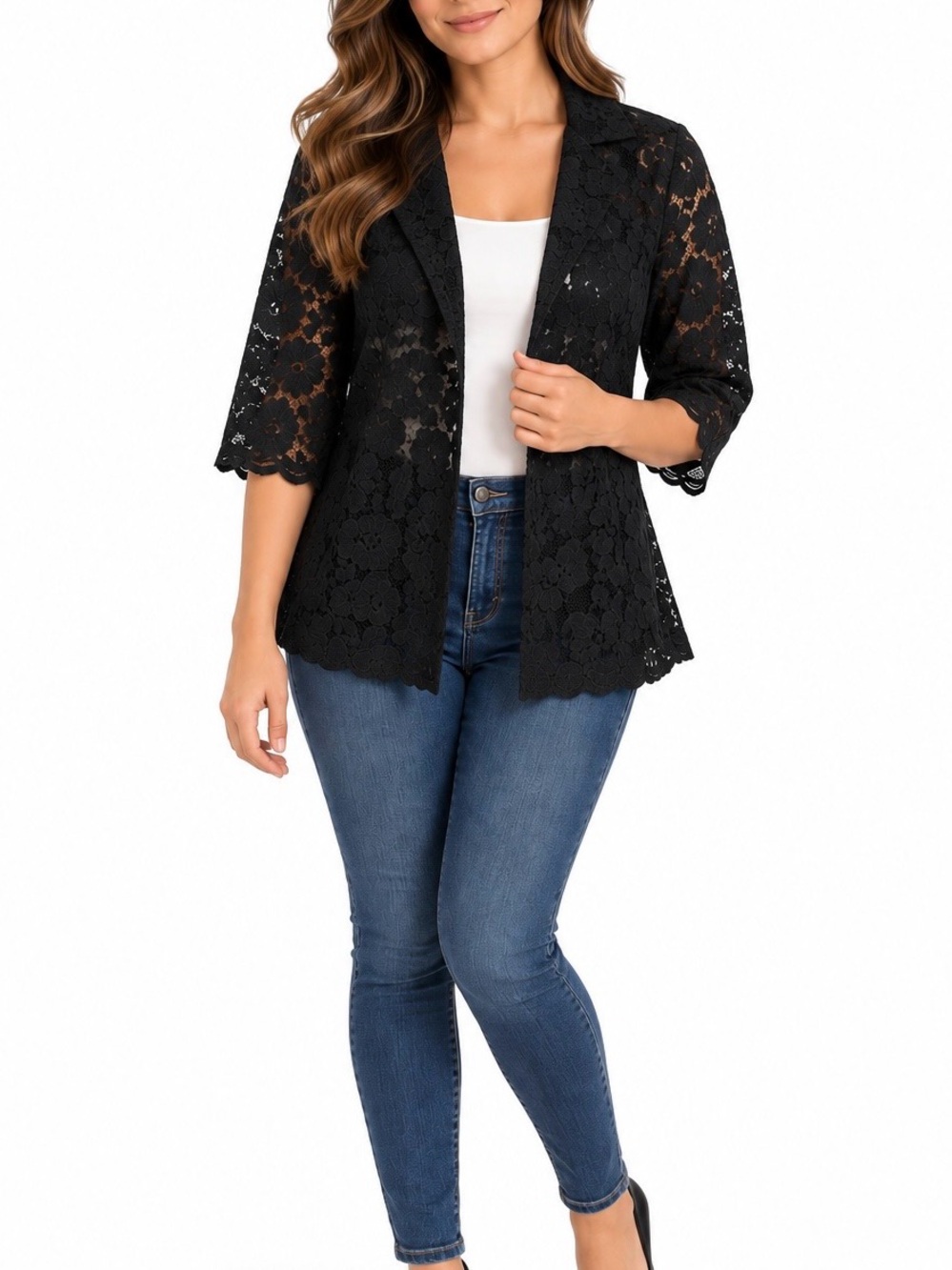 Maurices Black Floral Lace Blazer Jacket Size XL 3/4 Sleeve